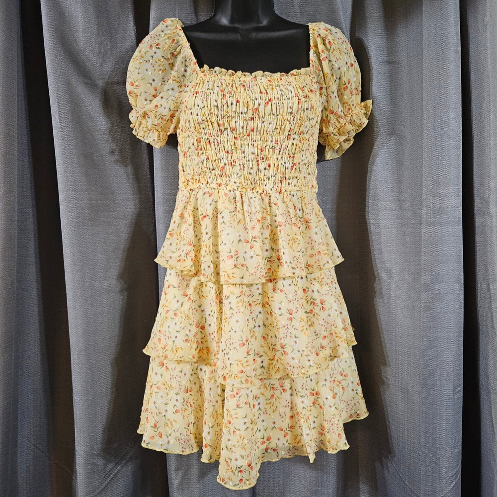 Thirty/Thirty LA Yellow Floral Smocked Tiered Clip Dot Mini Dress Size Small